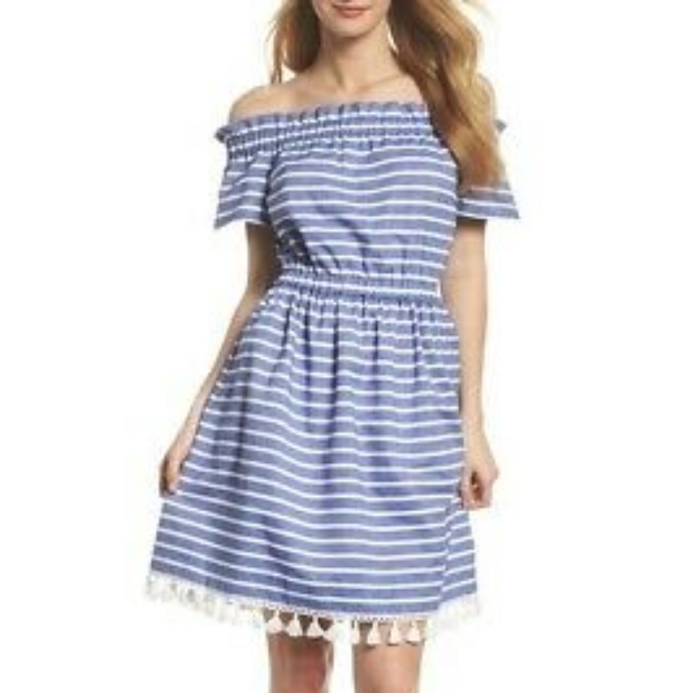 Eliza J Blue Stripe Off the Shoulder Dress w/tassels size 12